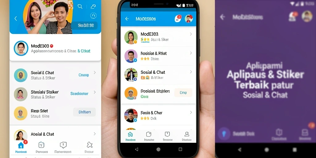 Antarmuka aplikasi MODE303 yang menampilkan stiker dan status menarik.